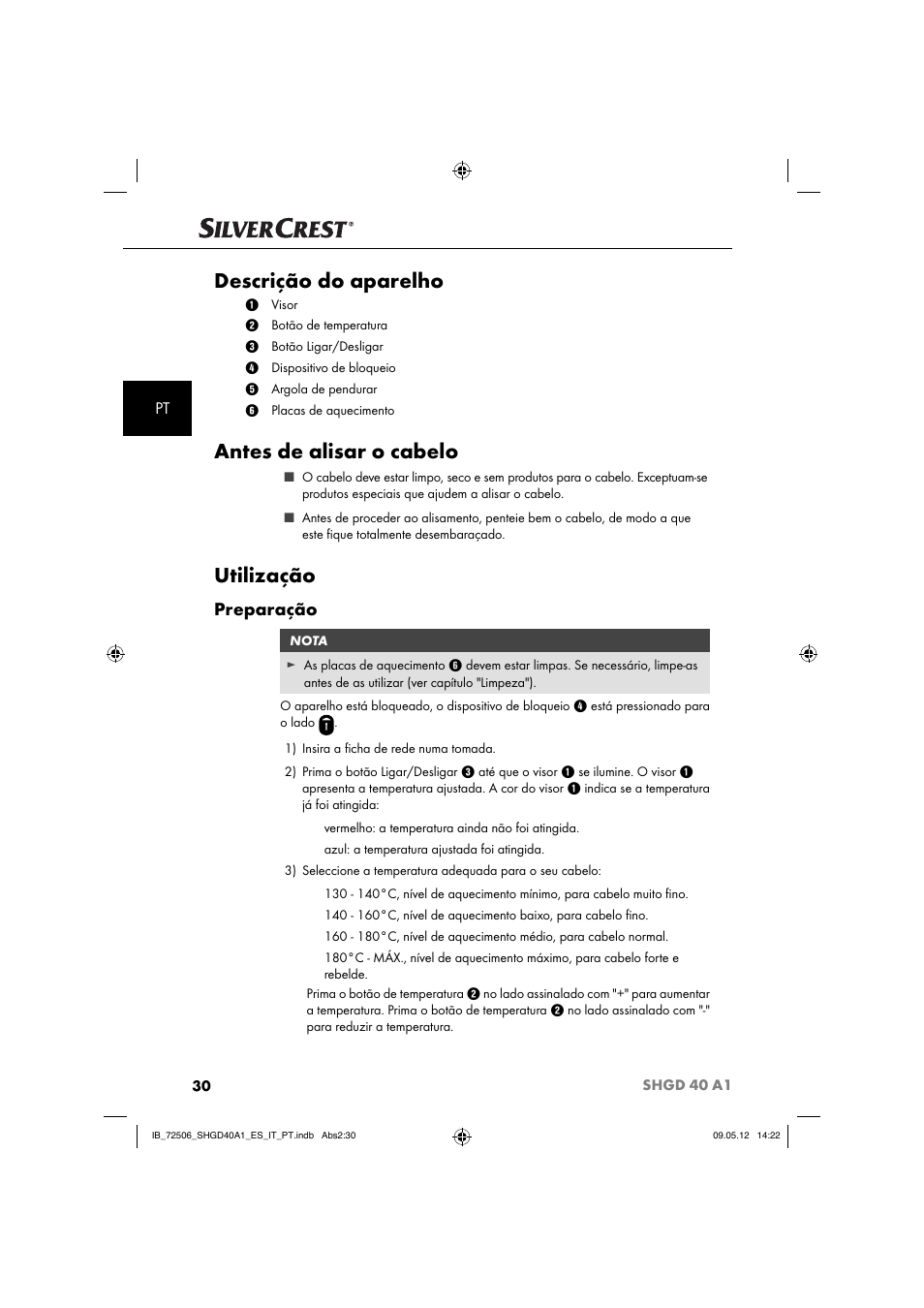 Descrição do aparelho, Antes de alisar o cabelo, Utilização | Preparação | Silvercrest SHGD 40 A1 User Manual | Page 32 / 61