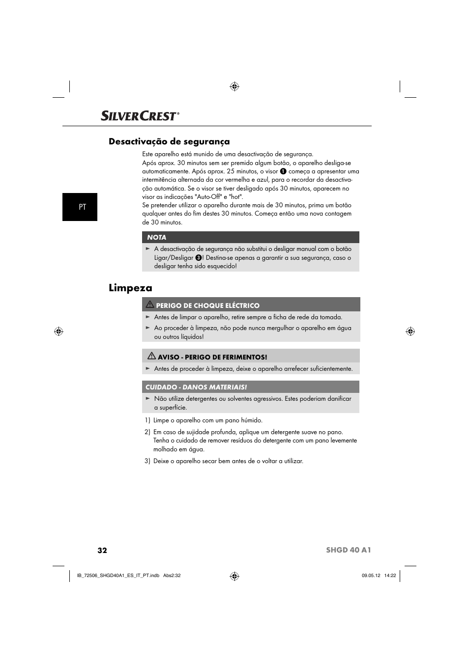 Limpeza, Desactivação de segurança | Silvercrest SHGD 40 A1 User Manual | Page 34 / 61