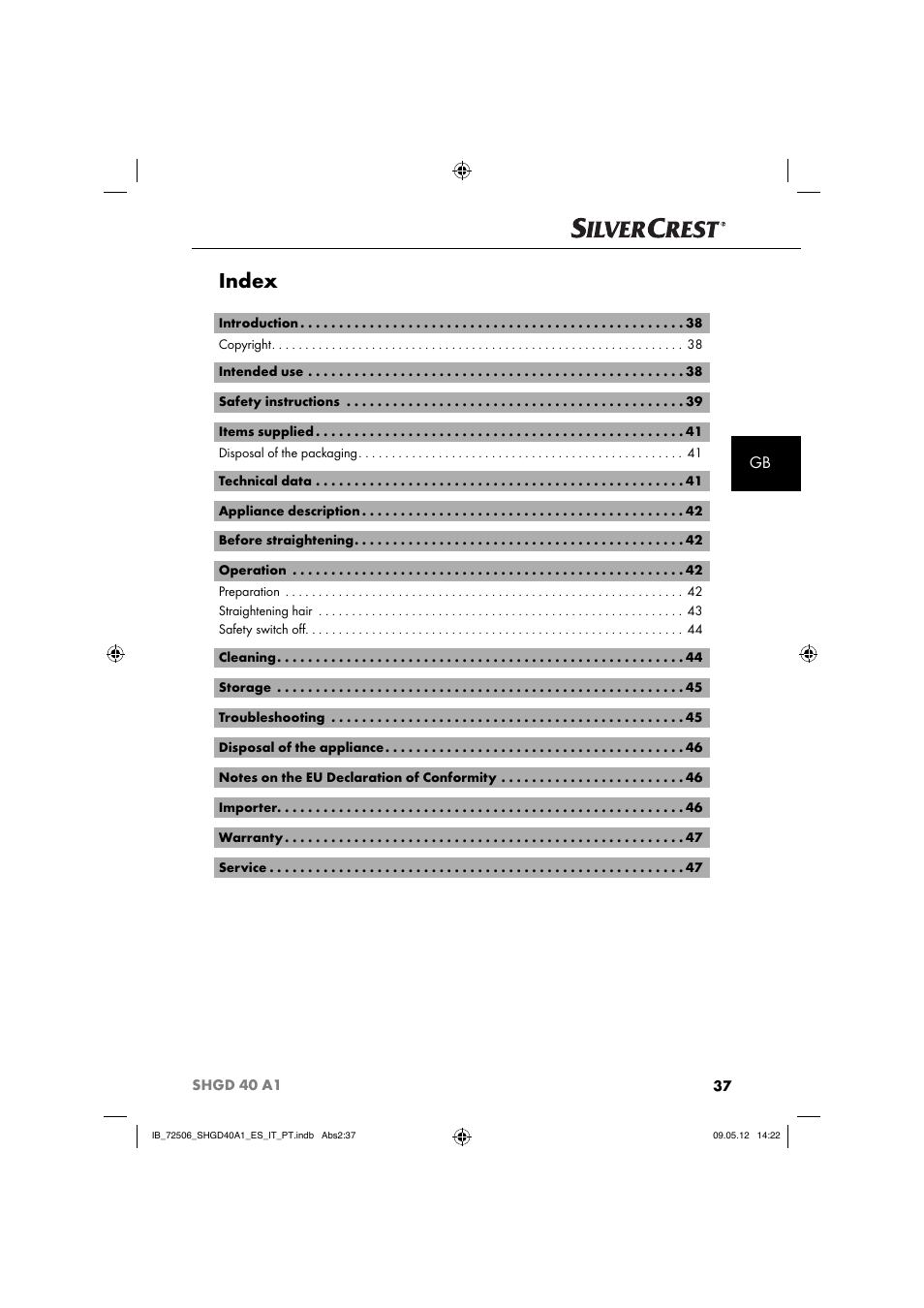 Index | Silvercrest SHGD 40 A1 User Manual | Page 39 / 61