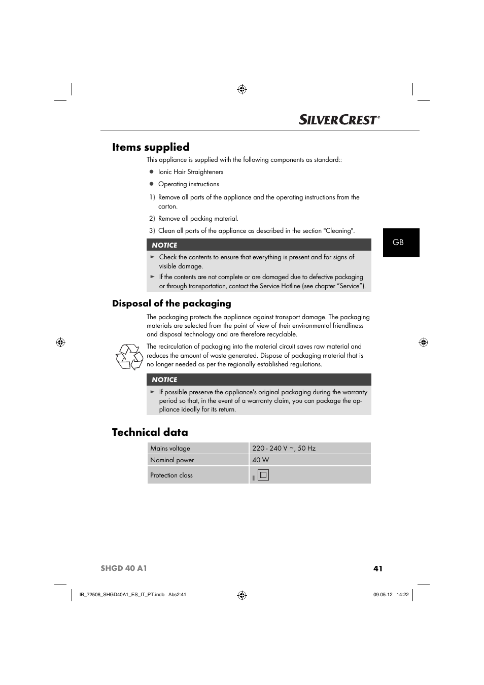 Items supplied, Technical data, Disposal of the packaging | Silvercrest SHGD 40 A1 User Manual | Page 43 / 61