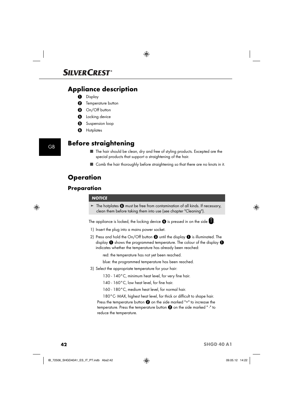 Appliance description, Before straightening, Operation | Preparation | Silvercrest SHGD 40 A1 User Manual | Page 44 / 61