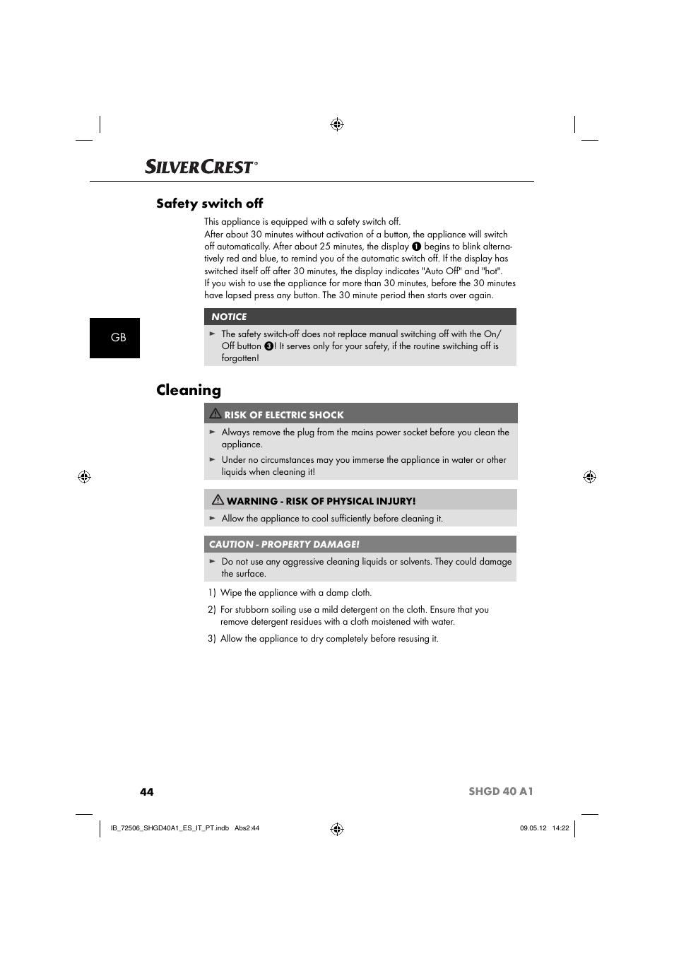 Cleaning, Safety switch oﬀ | Silvercrest SHGD 40 A1 User Manual | Page 46 / 61