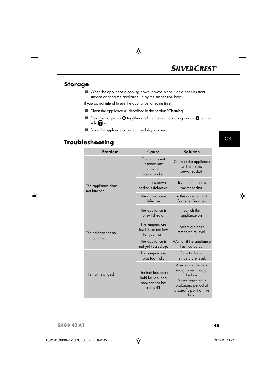 Storage, Troubleshooting, Problem cause solution | Silvercrest SHGD 40 A1 User Manual | Page 47 / 61