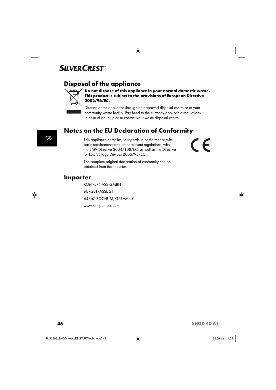 Disposal of the appliance, Importer | Silvercrest SHGD 40 A1 User Manual | Page 48 / 61