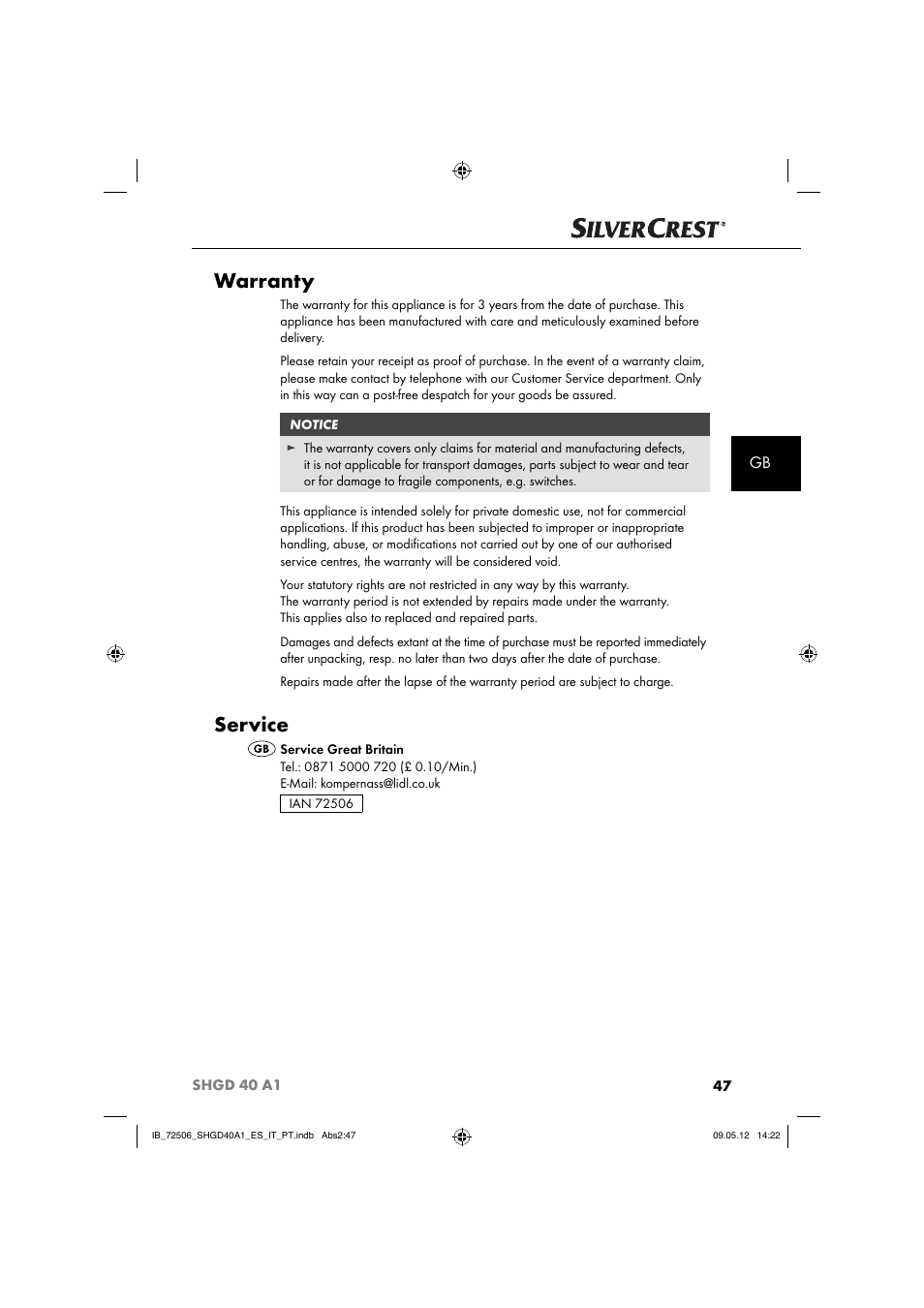 Warranty, Service | Silvercrest SHGD 40 A1 User Manual | Page 49 / 61