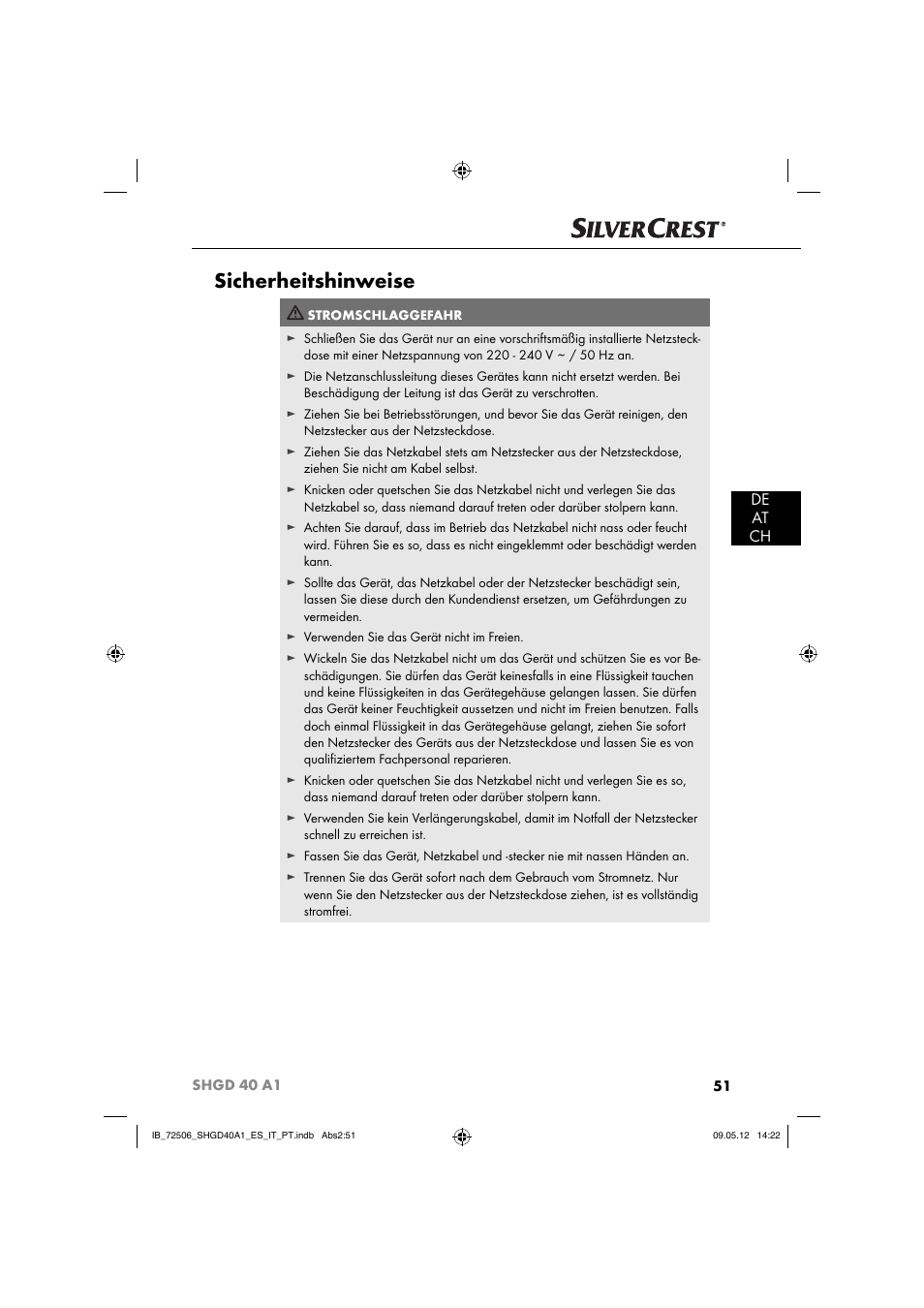 Sicherheitshinweise, De at ch | Silvercrest SHGD 40 A1 User Manual | Page 53 / 61