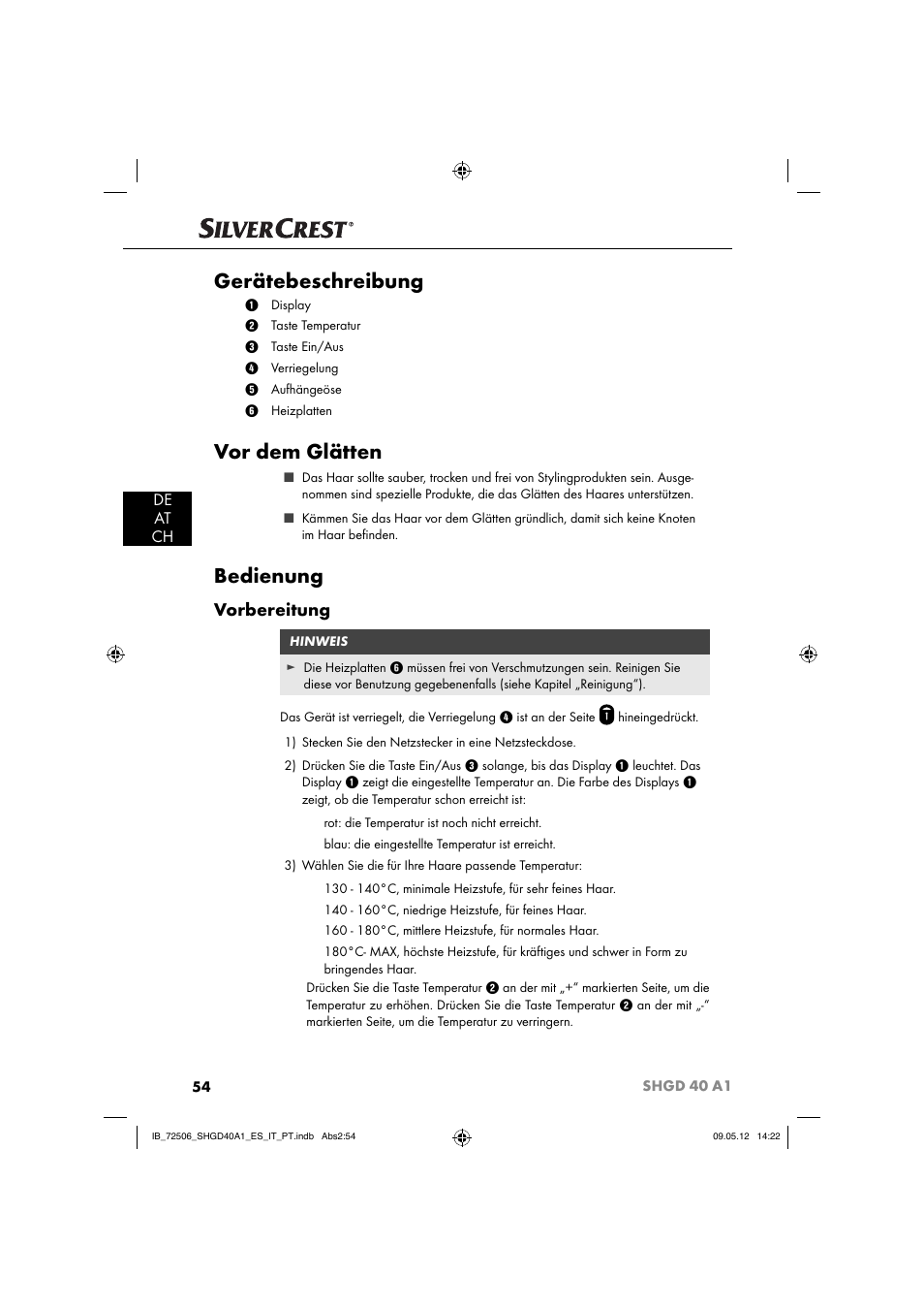 Gerätebeschreibung, Vor dem glätten, Bedienung | Vorbereitung, De at ch | Silvercrest SHGD 40 A1 User Manual | Page 56 / 61