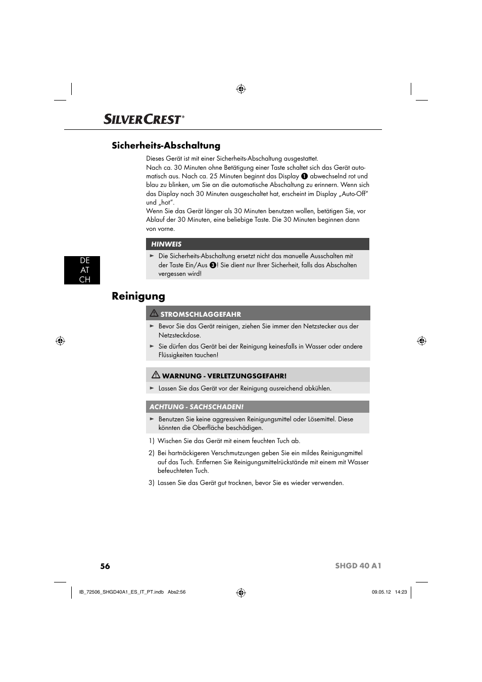 Reinigung, Sicherheits-abschaltung, De at ch | Silvercrest SHGD 40 A1 User Manual | Page 58 / 61