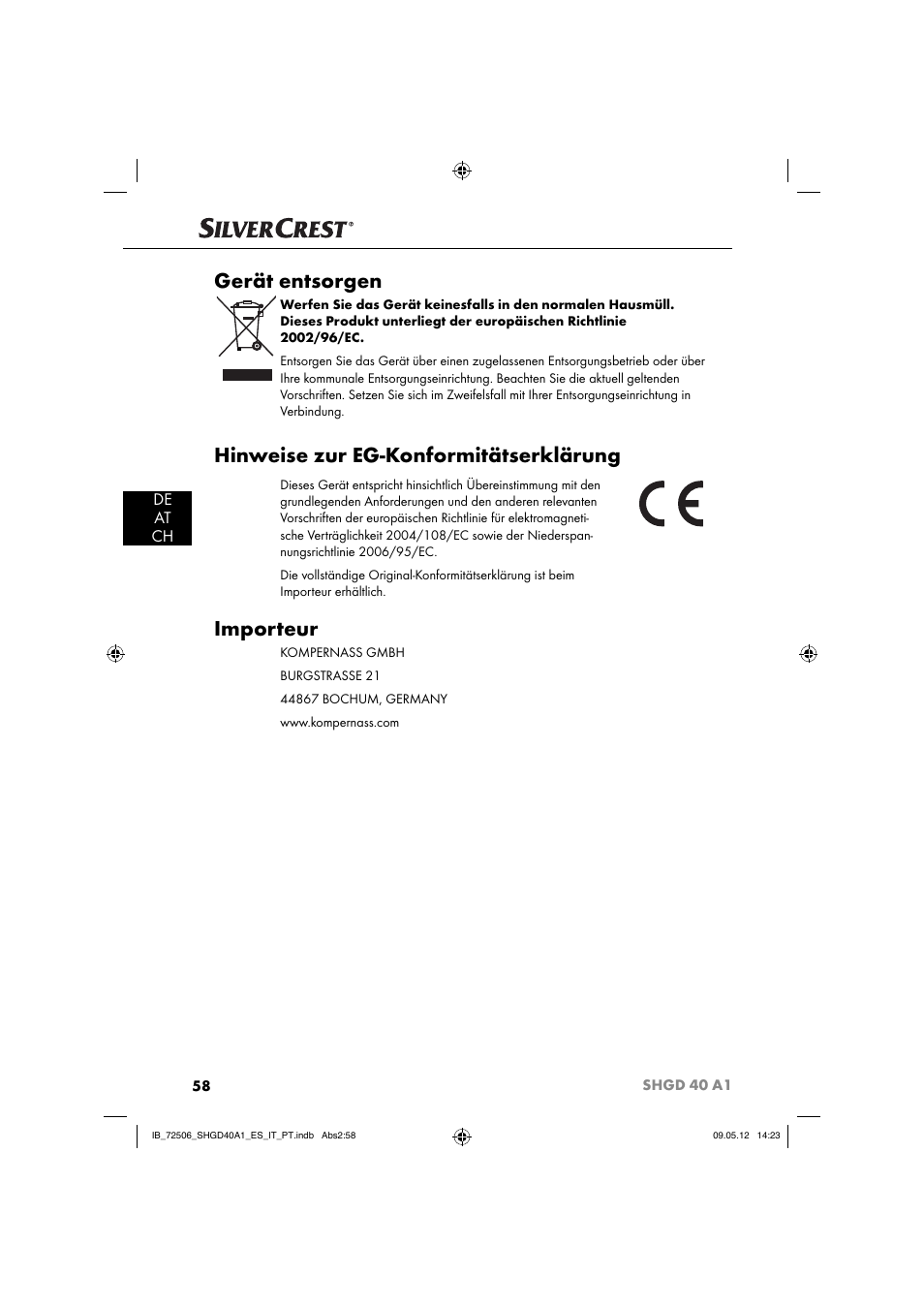 Gerät entsorgen, Hinweise zur eg-konformitätserklärung, Importeur | De at ch | Silvercrest SHGD 40 A1 User Manual | Page 60 / 61