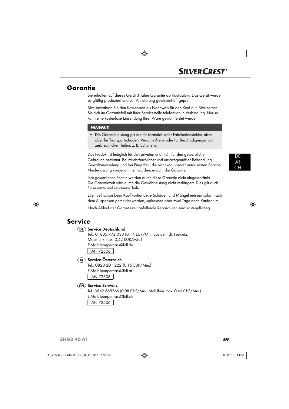 Garantie, Service, De at ch | Silvercrest SHGD 40 A1 User Manual | Page 61 / 61