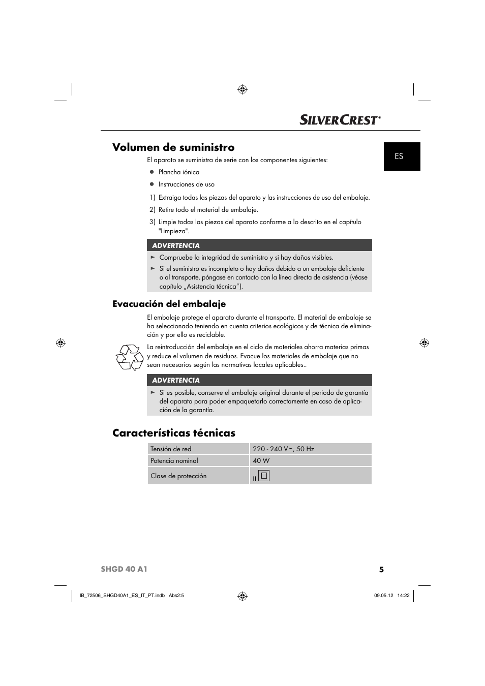 Volumen de suministro, Características técnicas, Evacuación del embalaje | Silvercrest SHGD 40 A1 User Manual | Page 7 / 61