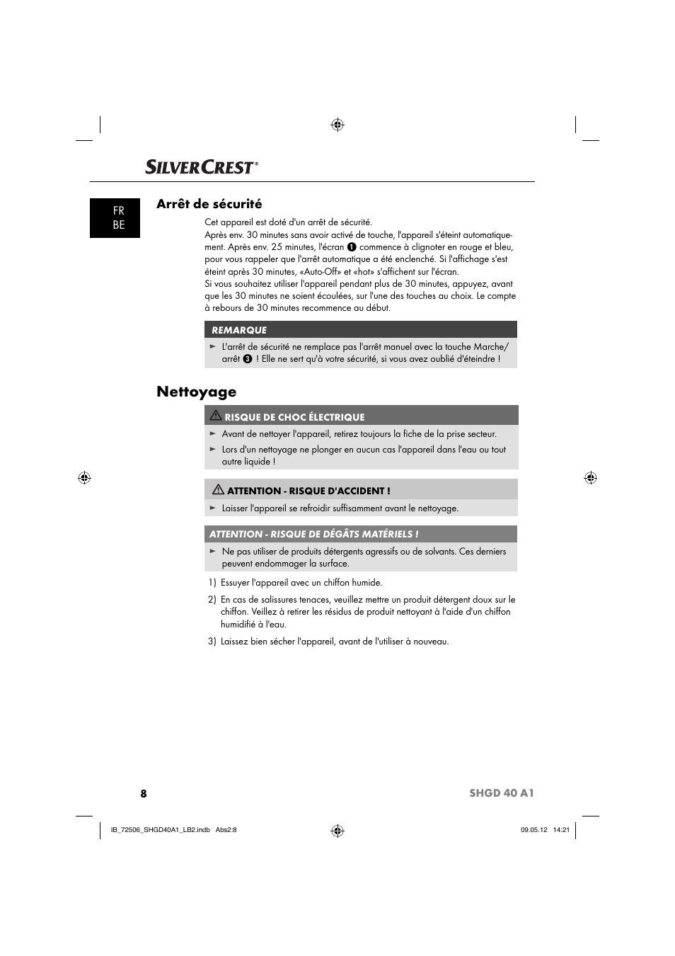 Nettoyage, Arrêt de sécurité, Fr be | Silvercrest SHGD 40 A1 User Manual | Page 10 / 50
