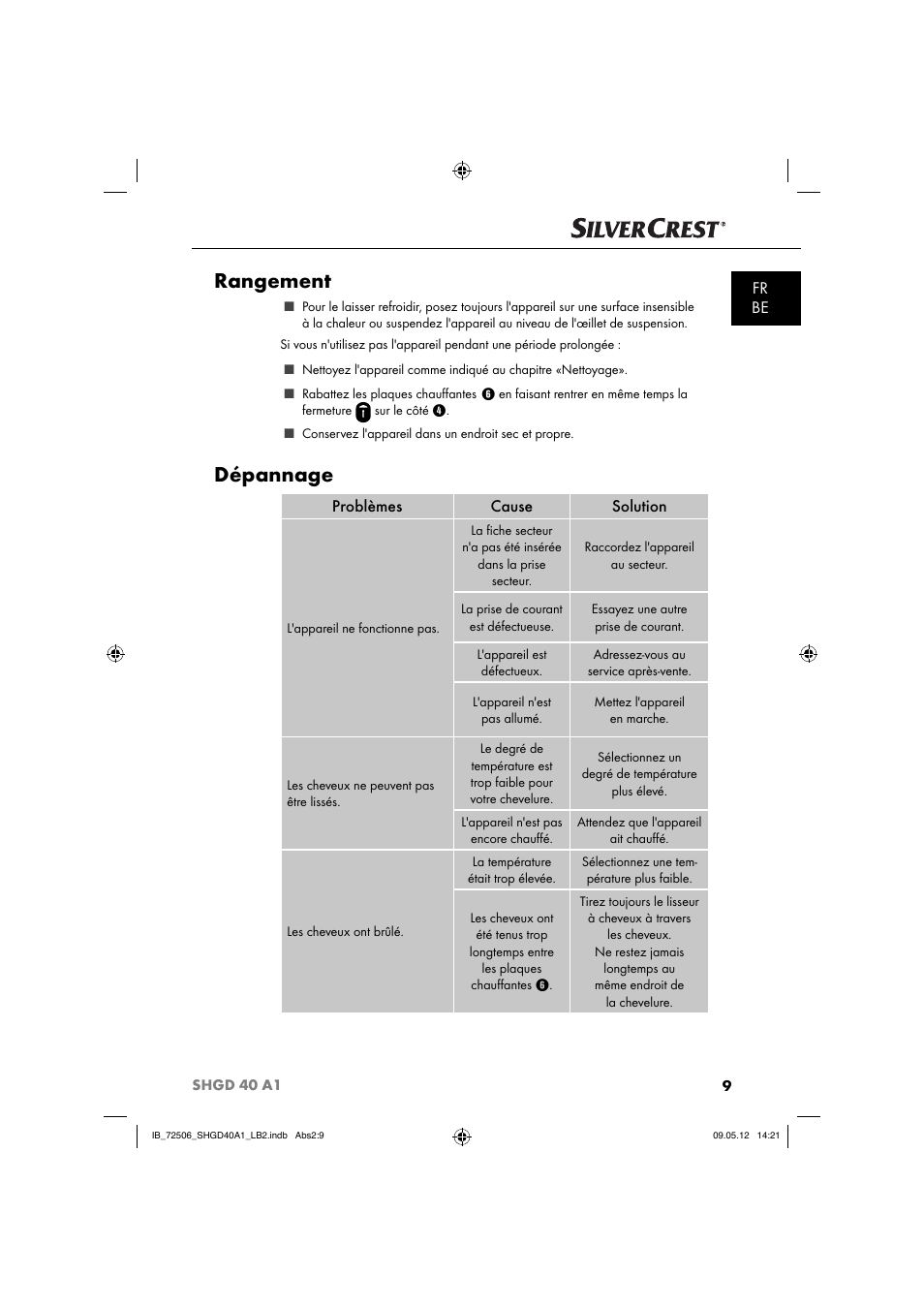 Rangement, Dépannage, Fr be | Problèmes cause solution | Silvercrest SHGD 40 A1 User Manual | Page 11 / 50