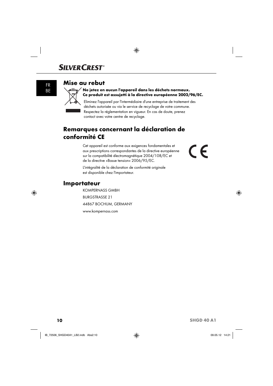 Mise au rebut, Importateur, Fr be | Silvercrest SHGD 40 A1 User Manual | Page 12 / 50