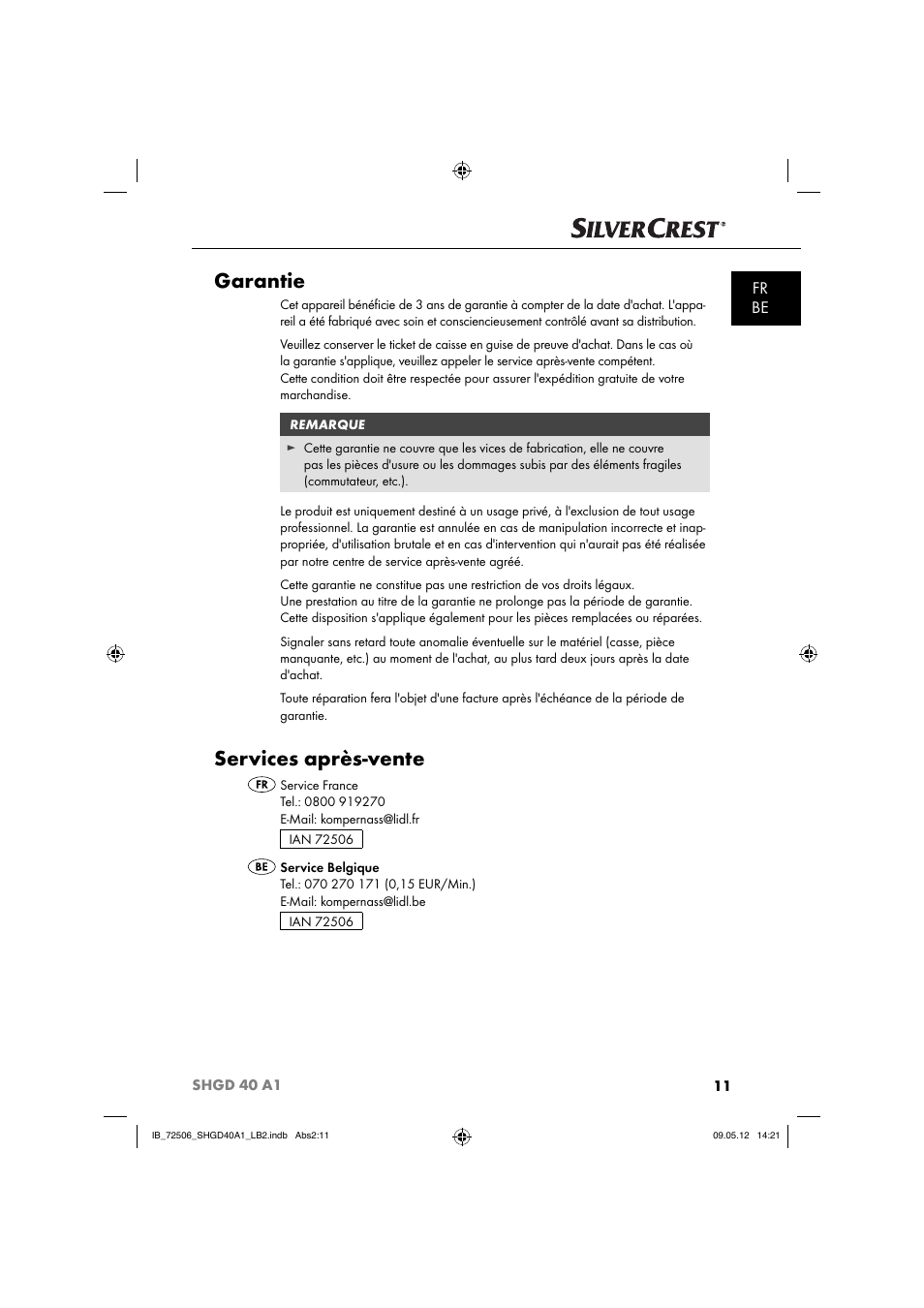 Garantie, Services après-vente, Fr be | Silvercrest SHGD 40 A1 User Manual | Page 13 / 50