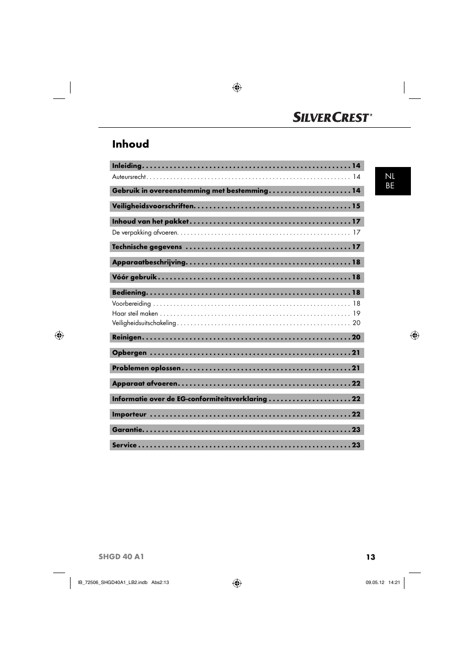 Inhoud, Nl be | Silvercrest SHGD 40 A1 User Manual | Page 15 / 50