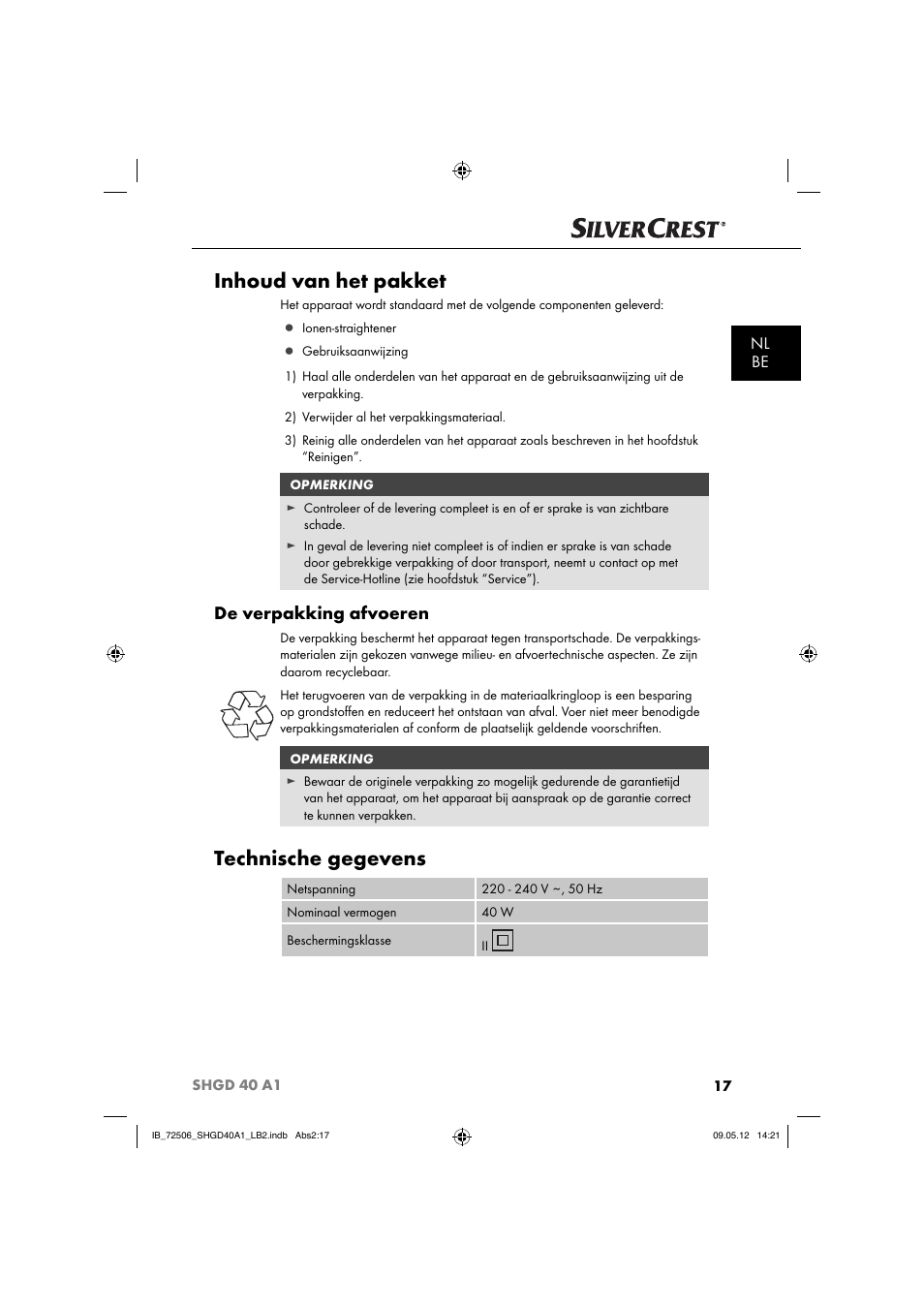 Inhoud van het pakket, Technische gegevens, De verpakking afvoeren | Nl be | Silvercrest SHGD 40 A1 User Manual | Page 19 / 50