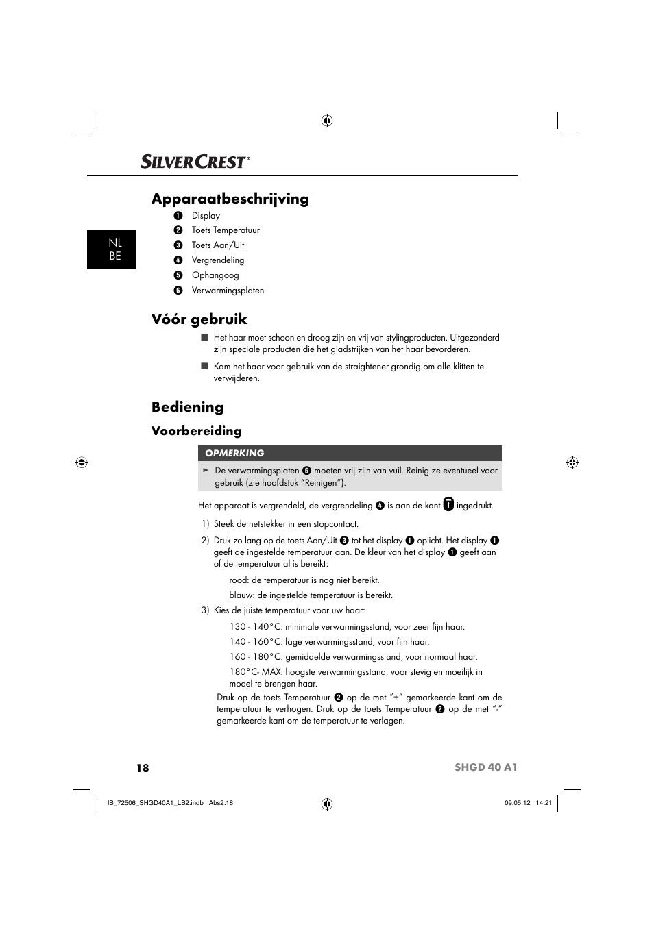 Apparaatbeschrijving, Vóór gebruik, Bediening | Voorbereiding, Nl be | Silvercrest SHGD 40 A1 User Manual | Page 20 / 50