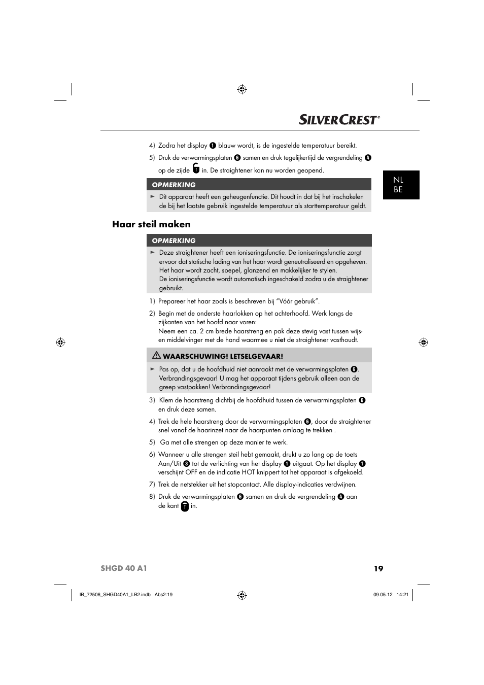 Haar steil maken, Nl be | Silvercrest SHGD 40 A1 User Manual | Page 21 / 50