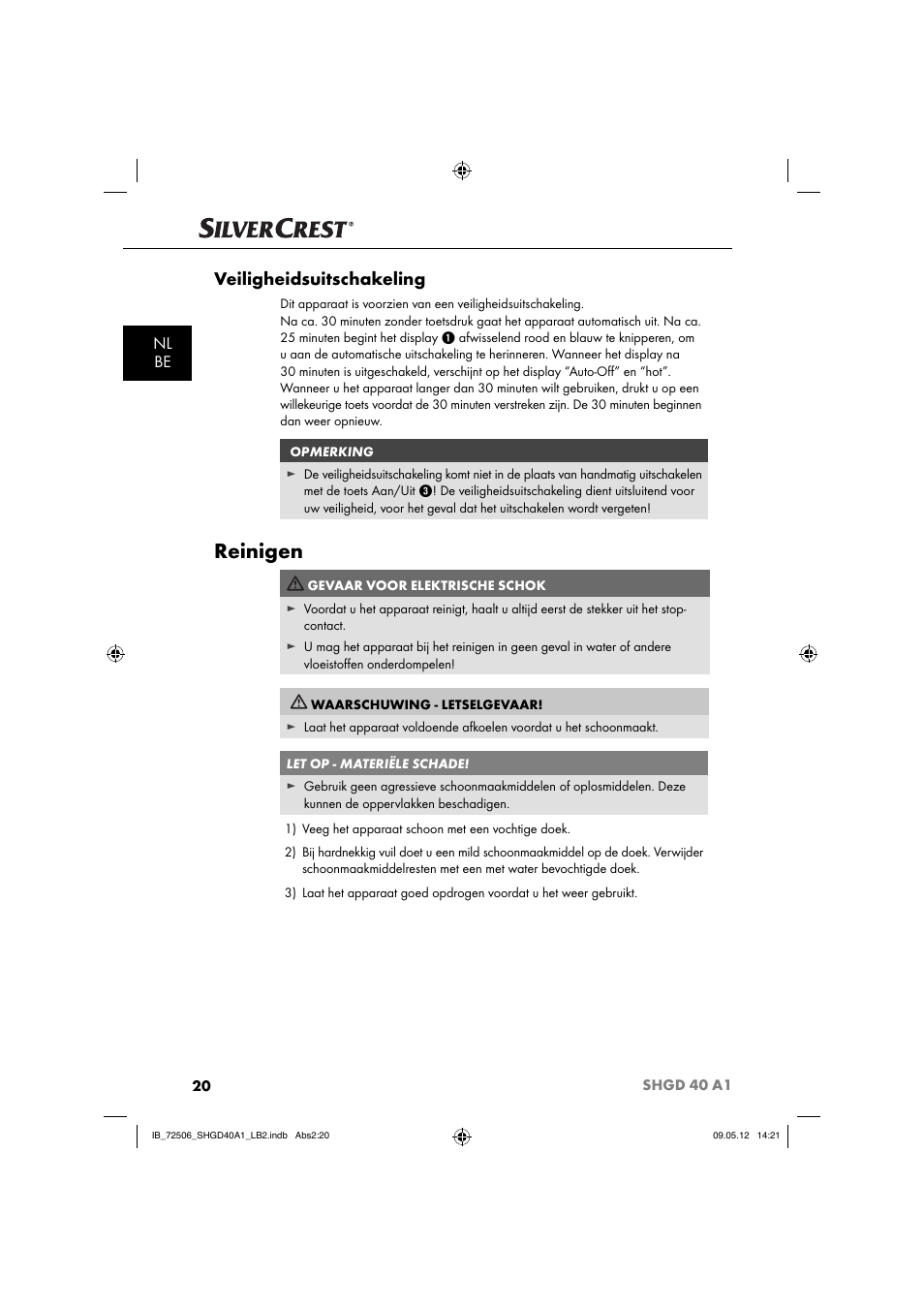 Reinigen, Veiligheidsuitschakeling, Nl be | Silvercrest SHGD 40 A1 User Manual | Page 22 / 50