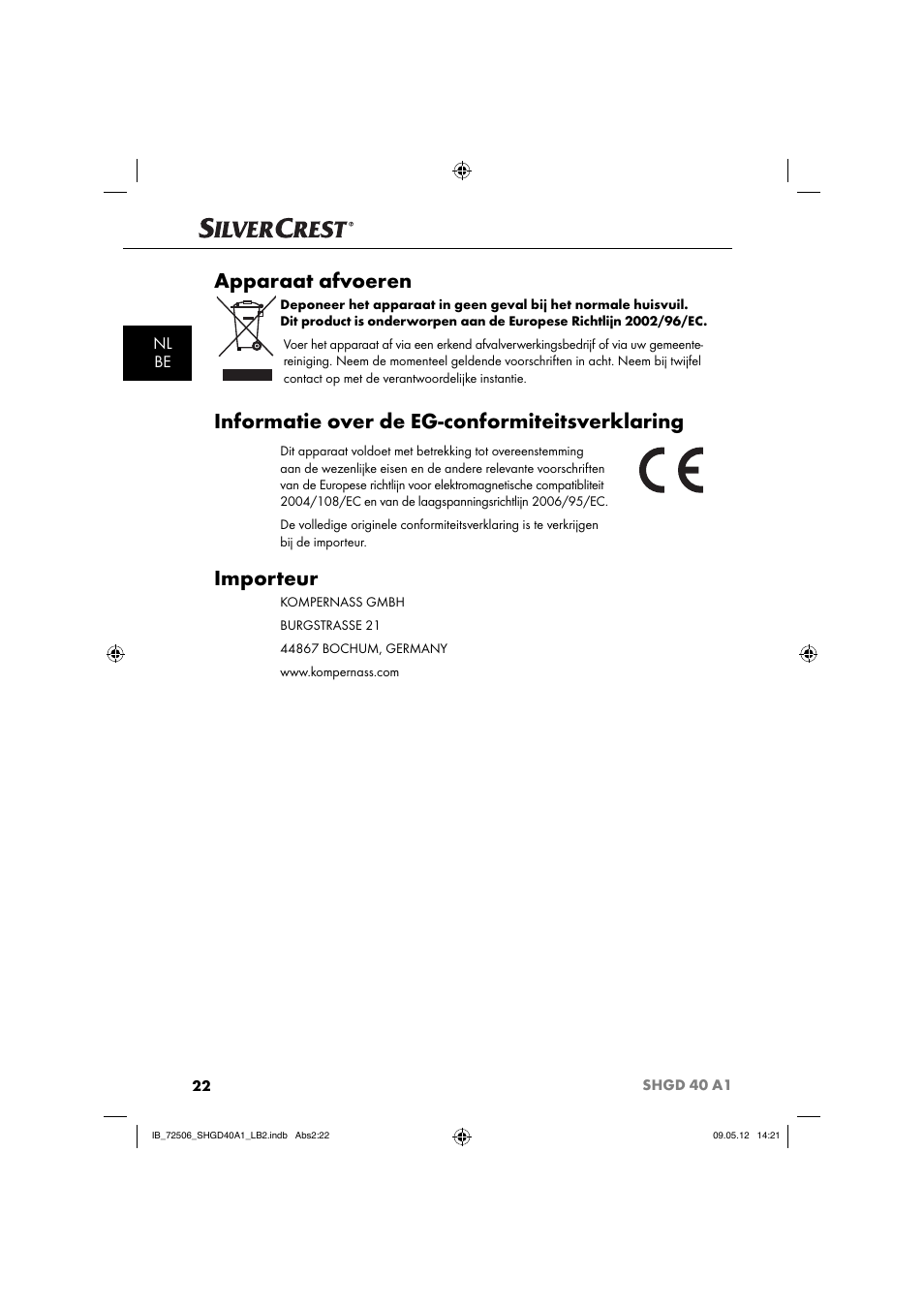 Apparaat afvoeren, Informatie over de eg-conformiteitsverklaring, Importeur | Nl be | Silvercrest SHGD 40 A1 User Manual | Page 24 / 50