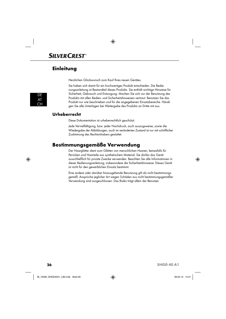 Einleitung, Bestimmungsgemäße verwendung, Urheberrecht | De at ch | Silvercrest SHGD 40 A1 User Manual | Page 28 / 50