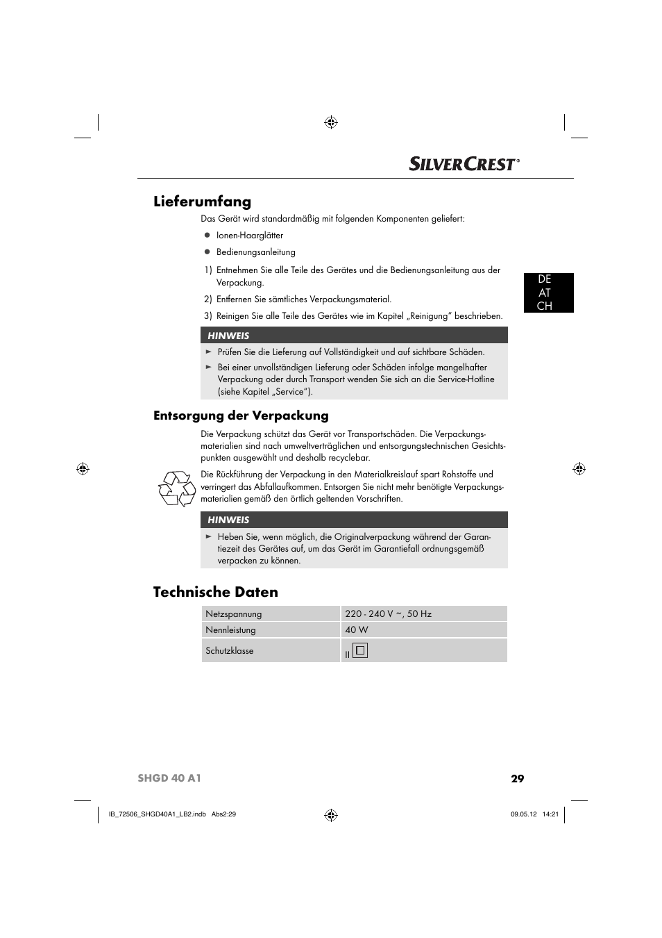 Lieferumfang, Technische daten, Entsorgung der verpackung | De at ch | Silvercrest SHGD 40 A1 User Manual | Page 31 / 50