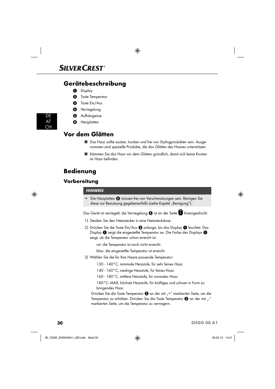 Gerätebeschreibung, Vor dem glätten, Bedienung | Vorbereitung, De at ch | Silvercrest SHGD 40 A1 User Manual | Page 32 / 50