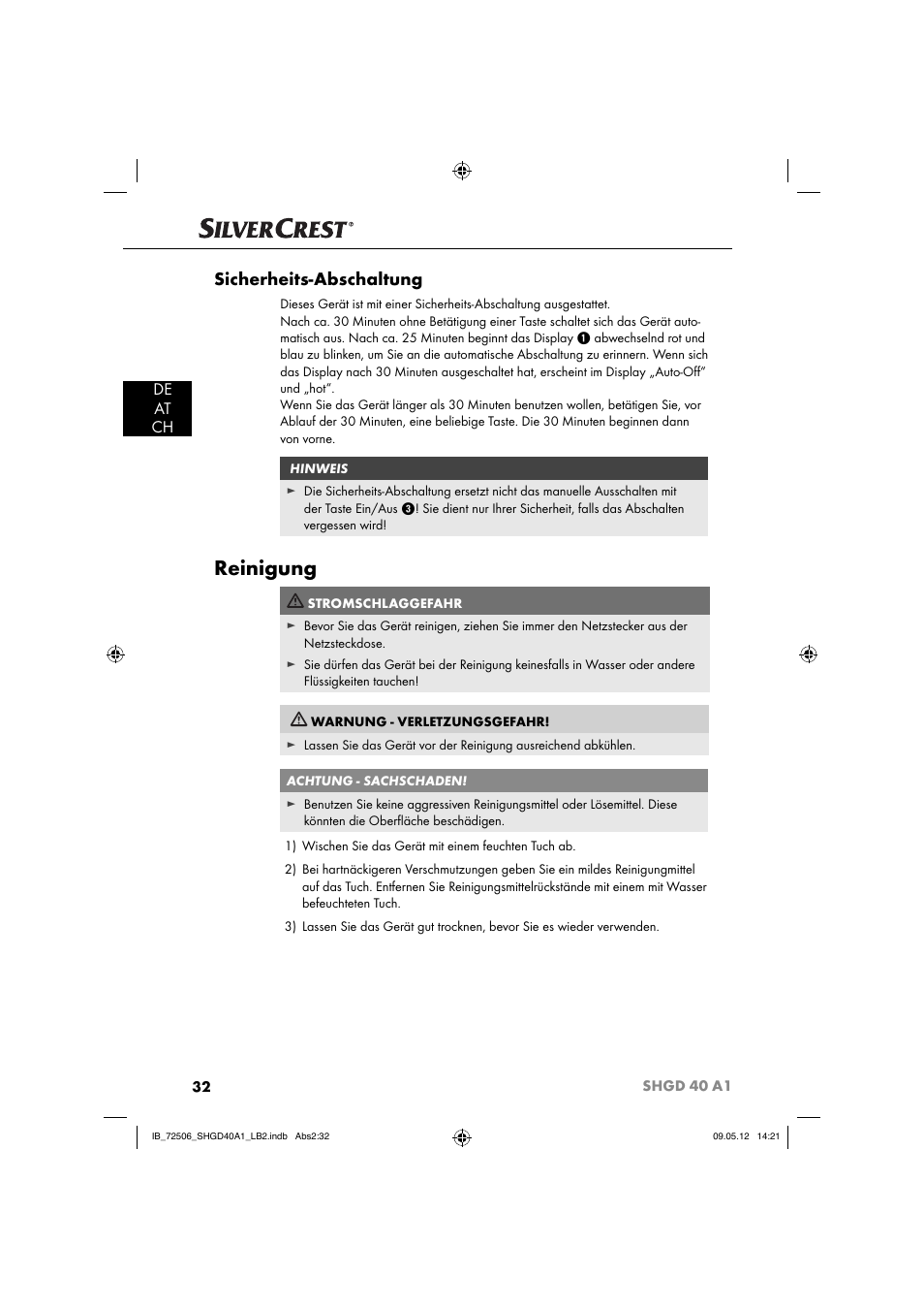 Reinigung, Sicherheits-abschaltung, De at ch | Silvercrest SHGD 40 A1 User Manual | Page 34 / 50