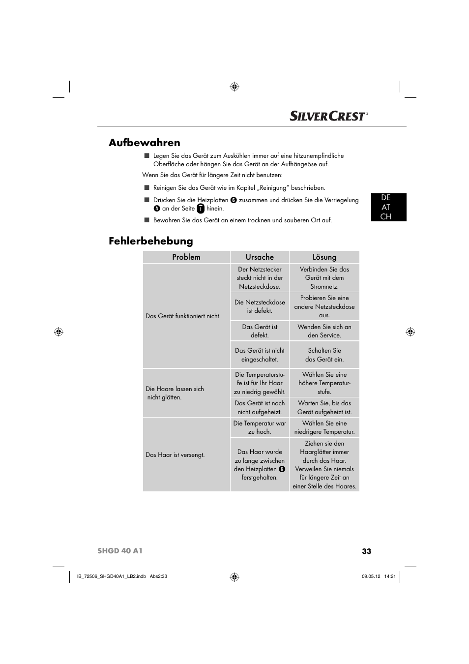 Aufbewahren, Fehlerbehebung, De at ch | Problem ursache lösung | Silvercrest SHGD 40 A1 User Manual | Page 35 / 50