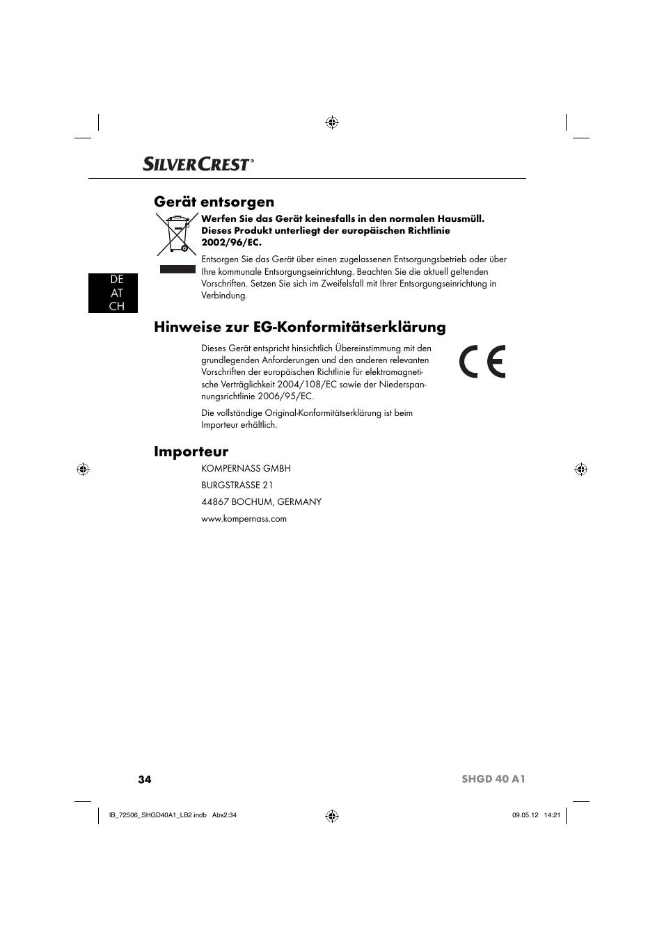 Gerät entsorgen, Hinweise zur eg-konformitätserklärung, Importeur | De at ch | Silvercrest SHGD 40 A1 User Manual | Page 36 / 50