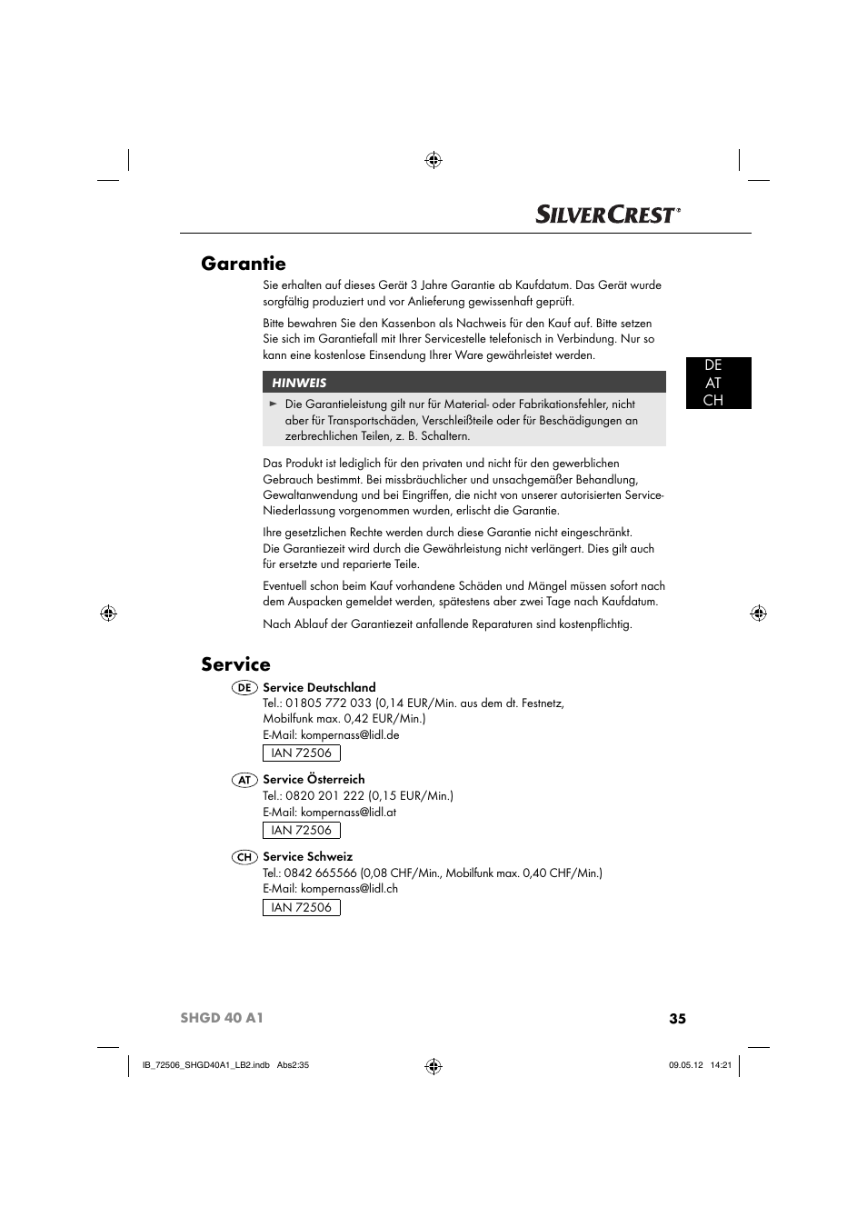 Garantie, Service, De at ch | Silvercrest SHGD 40 A1 User Manual | Page 37 / 50