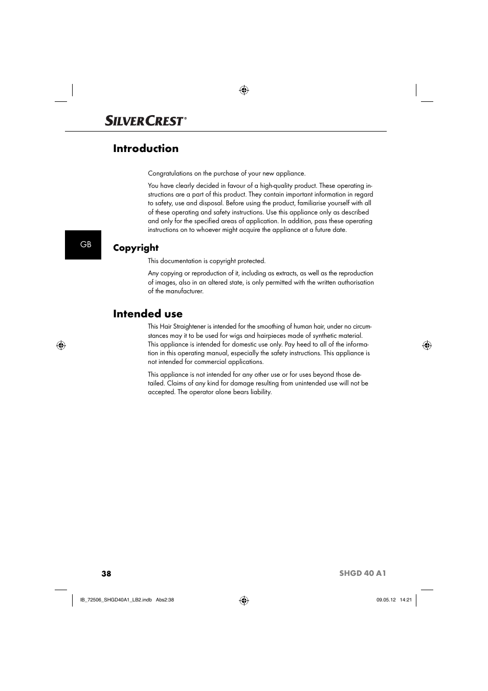 Introduction, Intended use, Copyright | Silvercrest SHGD 40 A1 User Manual | Page 40 / 50