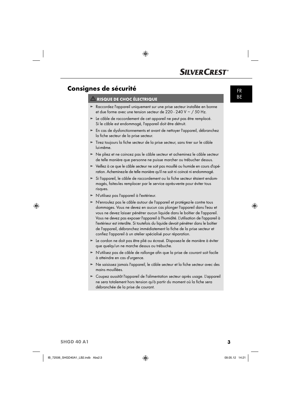 Consignes de sécurité, Fr be | Silvercrest SHGD 40 A1 User Manual | Page 5 / 50