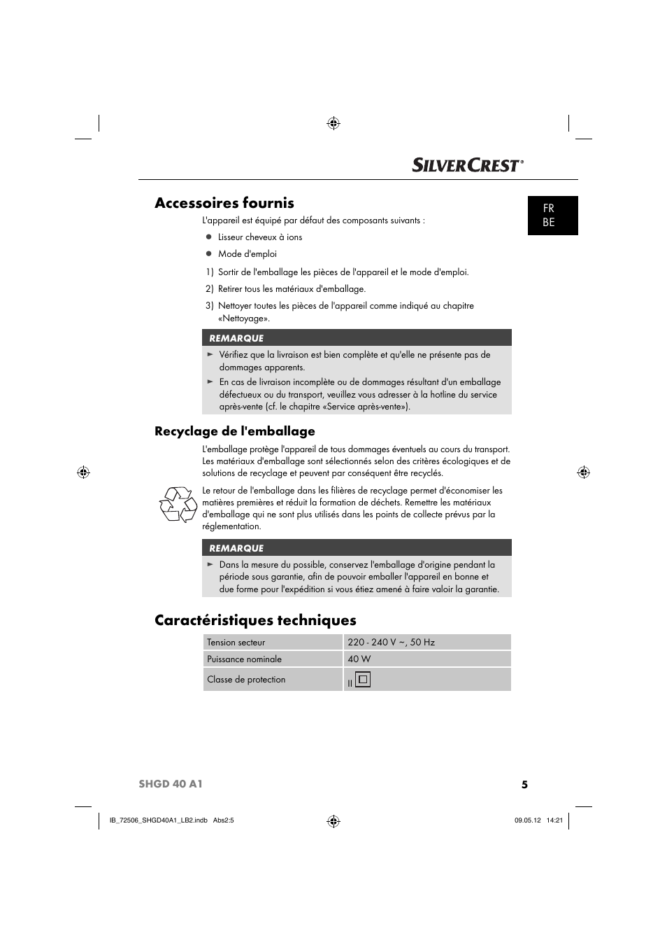 Accessoires fournis, Caractéristiques techniques, Recyclage de l'emballage | Fr be | Silvercrest SHGD 40 A1 User Manual | Page 7 / 50