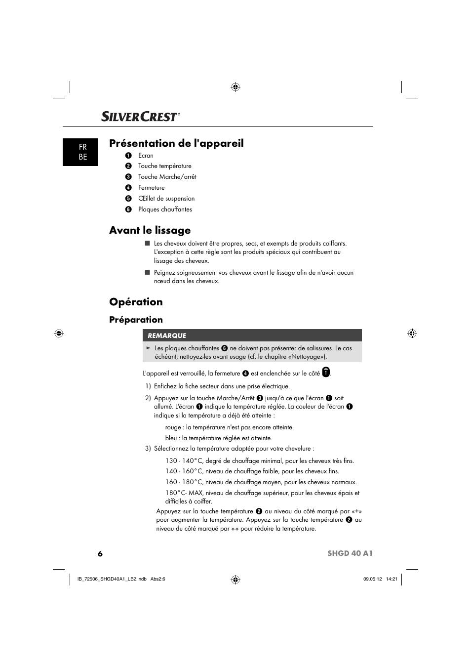 Présentation de l'appareil, Avant le lissage, Opération | Préparation, Fr be | Silvercrest SHGD 40 A1 User Manual | Page 8 / 50