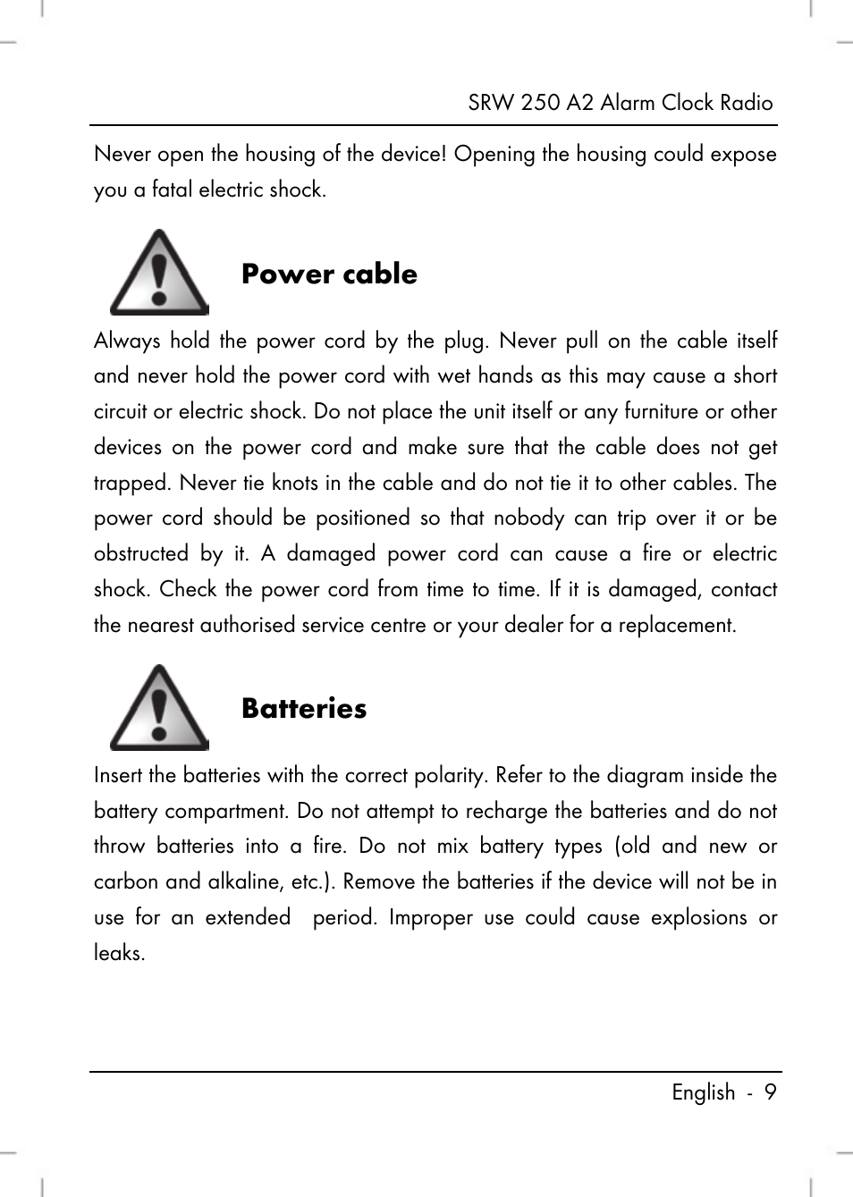 Power cable, Batteries | Silvercrest SRW 250 A2 User Manual | Page 11 / 144