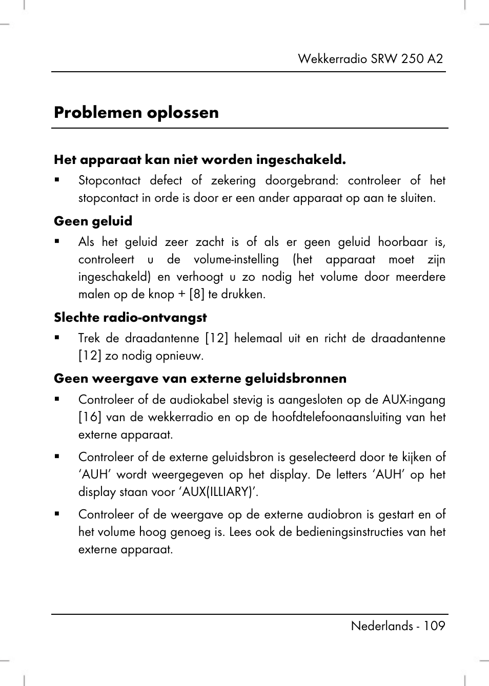 Problemen oplossen | Silvercrest SRW 250 A2 User Manual | Page 111 / 144