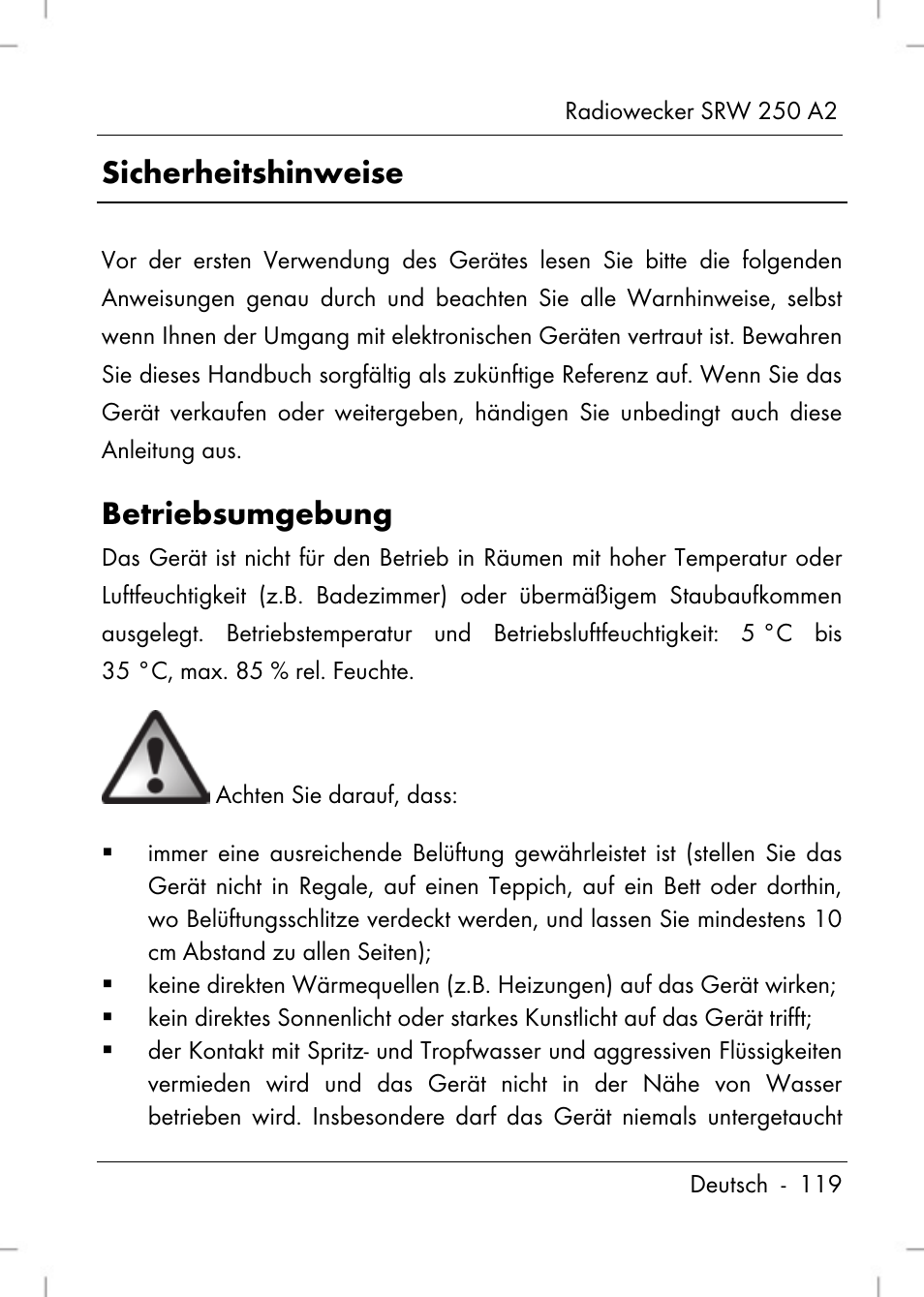 Sicherheitshinweise, Betriebsumgebung | Silvercrest SRW 250 A2 User Manual | Page 121 / 144