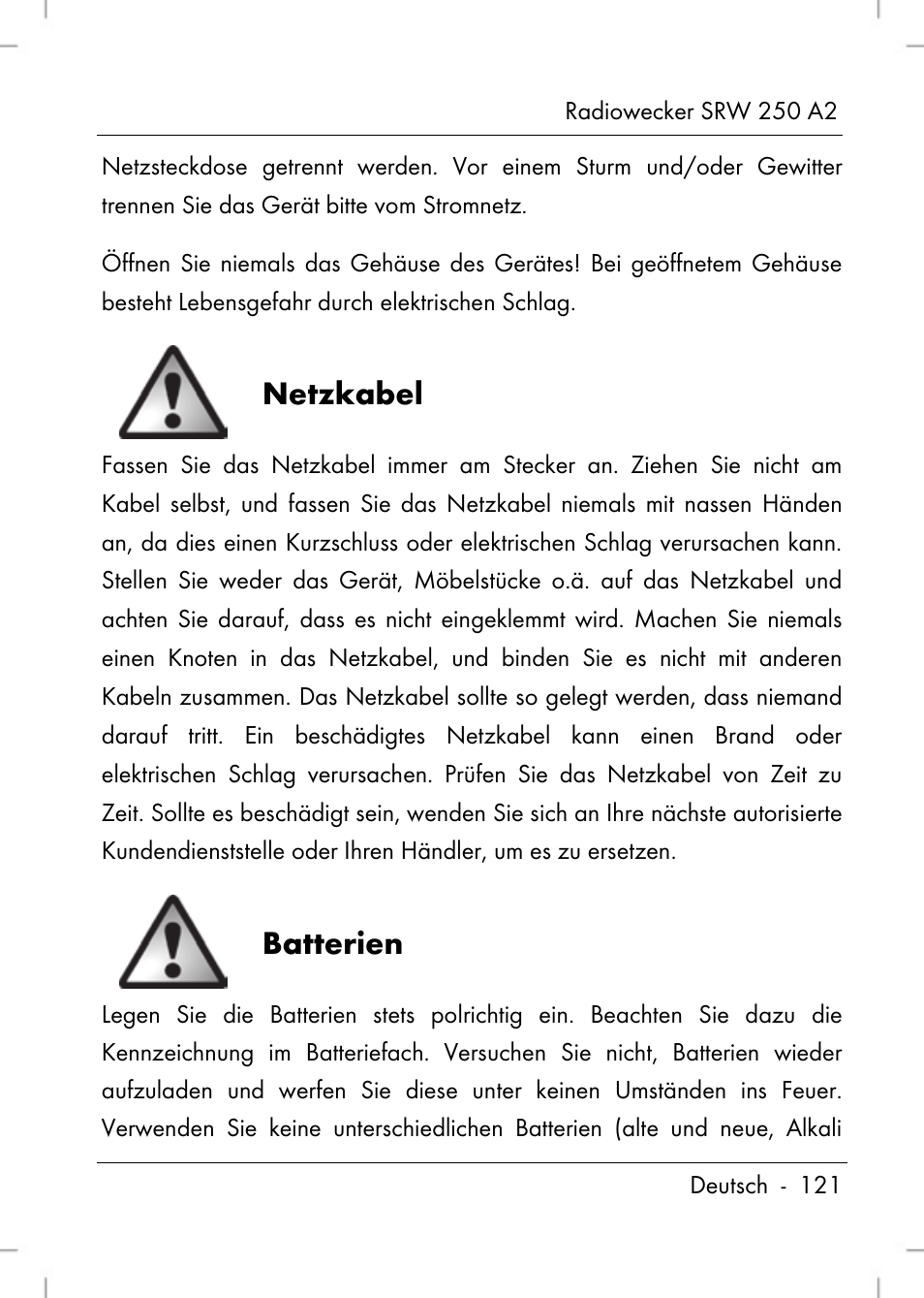 Netzkabel, Batterien | Silvercrest SRW 250 A2 User Manual | Page 123 / 144