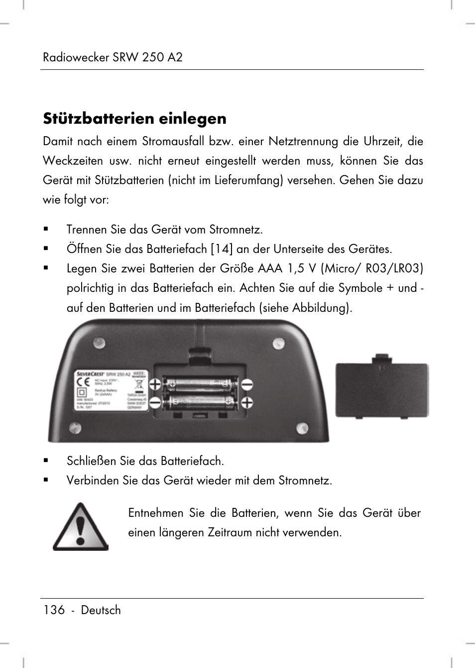 Stützbatterien einlegen | Silvercrest SRW 250 A2 User Manual | Page 138 / 144