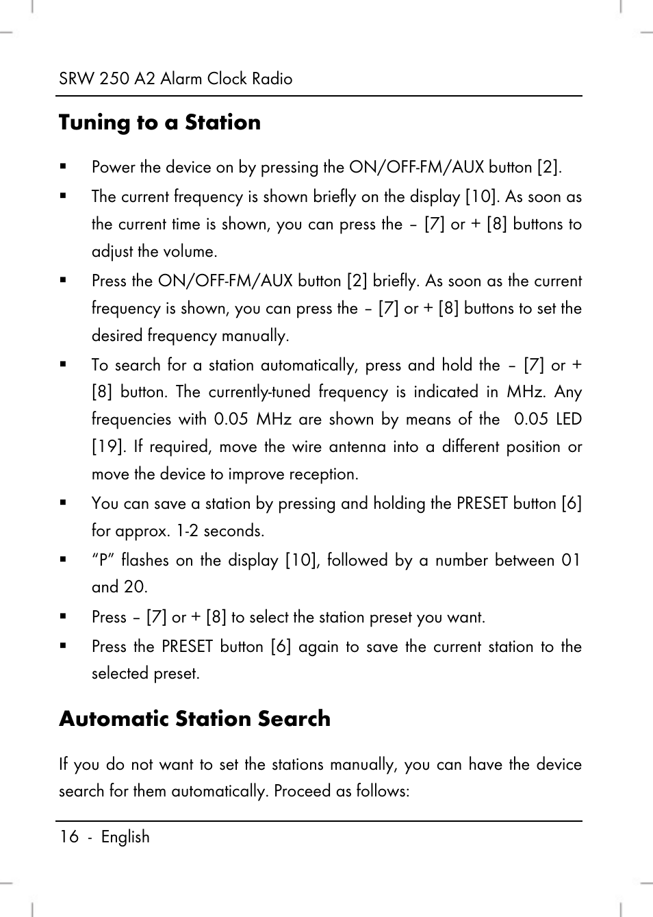 Tuning to a station, Automatic station search | Silvercrest SRW 250 A2 User Manual | Page 18 / 144