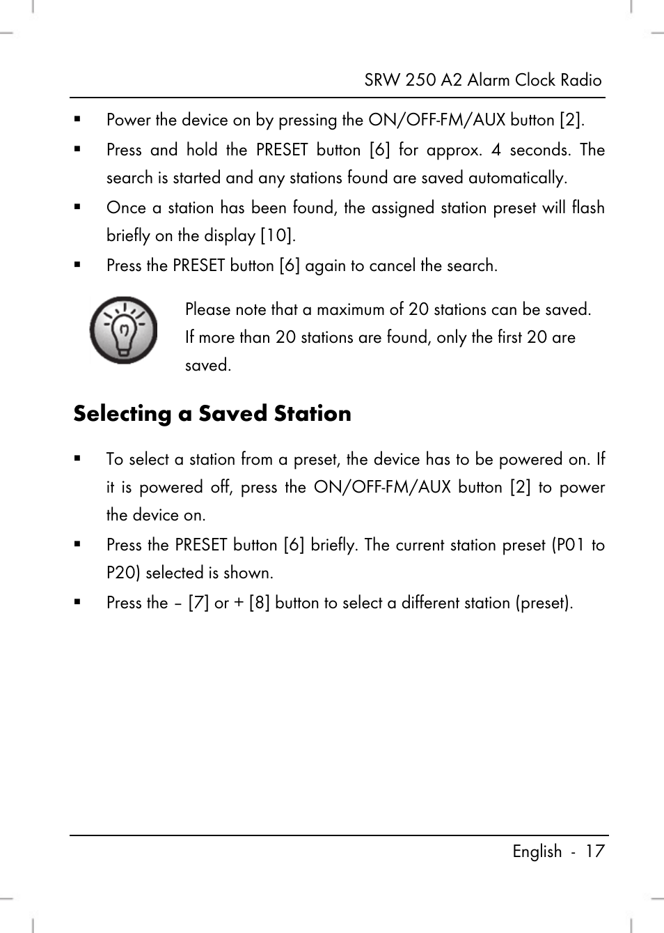 Selecting a saved station | Silvercrest SRW 250 A2 User Manual | Page 19 / 144