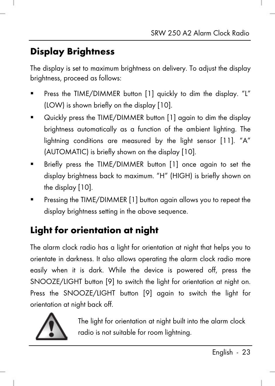 Display brightness, Light for orientation at night | Silvercrest SRW 250 A2 User Manual | Page 25 / 144