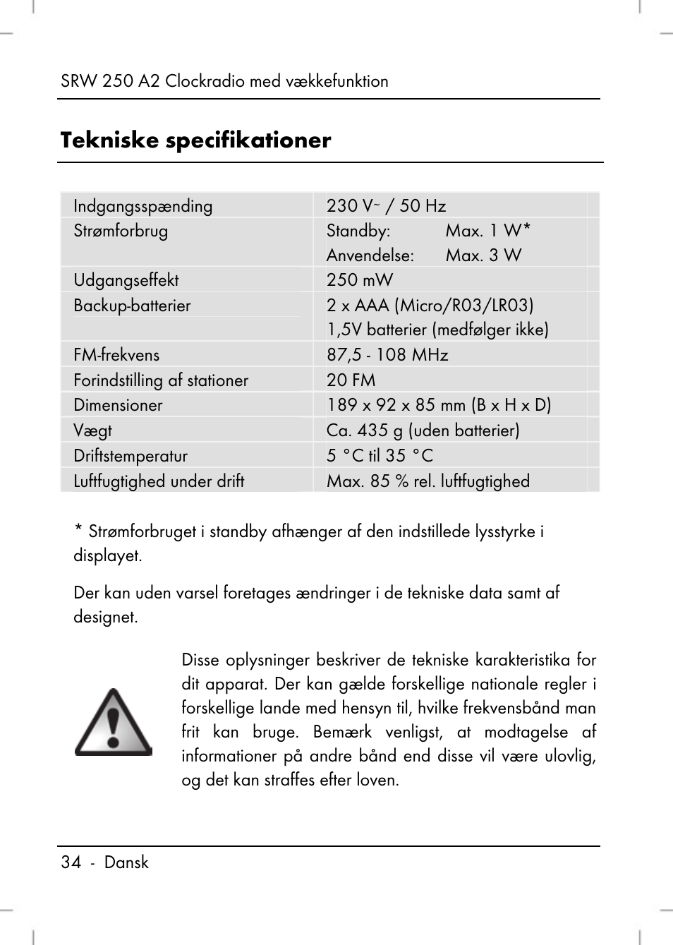 Tekniske specifikationer | Silvercrest SRW 250 A2 User Manual | Page 36 / 144