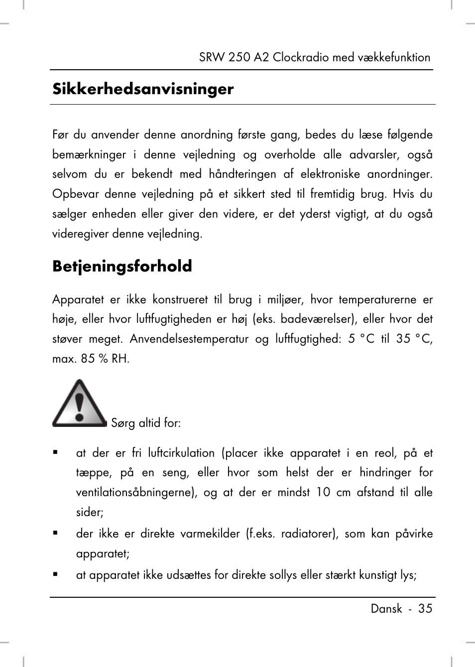 Sikkerhedsanvisninger, Betjeningsforhold | Silvercrest SRW 250 A2 User Manual | Page 37 / 144