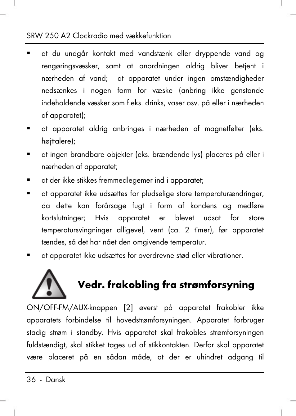 Vedr. frakobling fra strømforsyning | Silvercrest SRW 250 A2 User Manual | Page 38 / 144