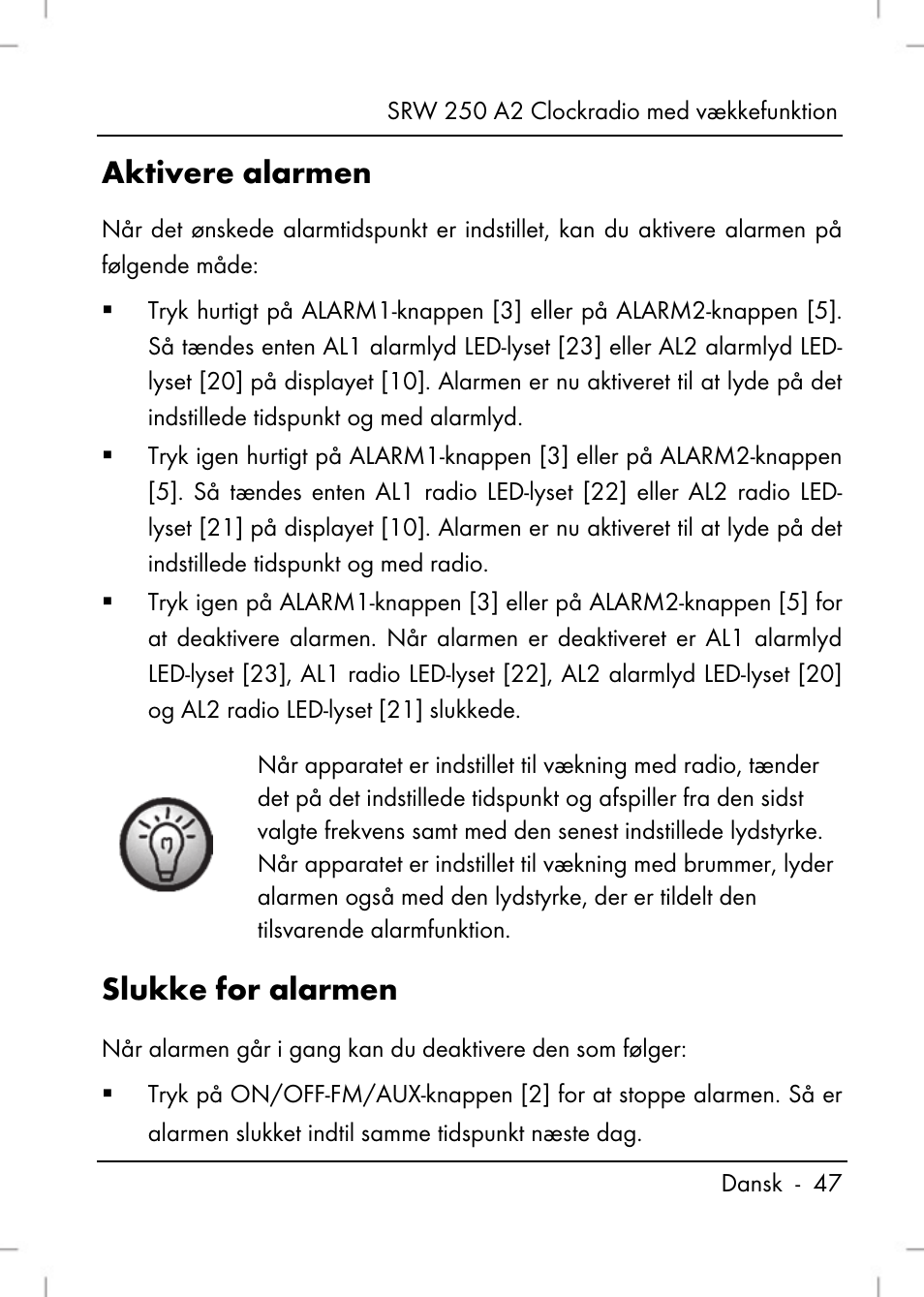 Aktivere alarmen, Slukke for alarmen | Silvercrest SRW 250 A2 User Manual | Page 49 / 144