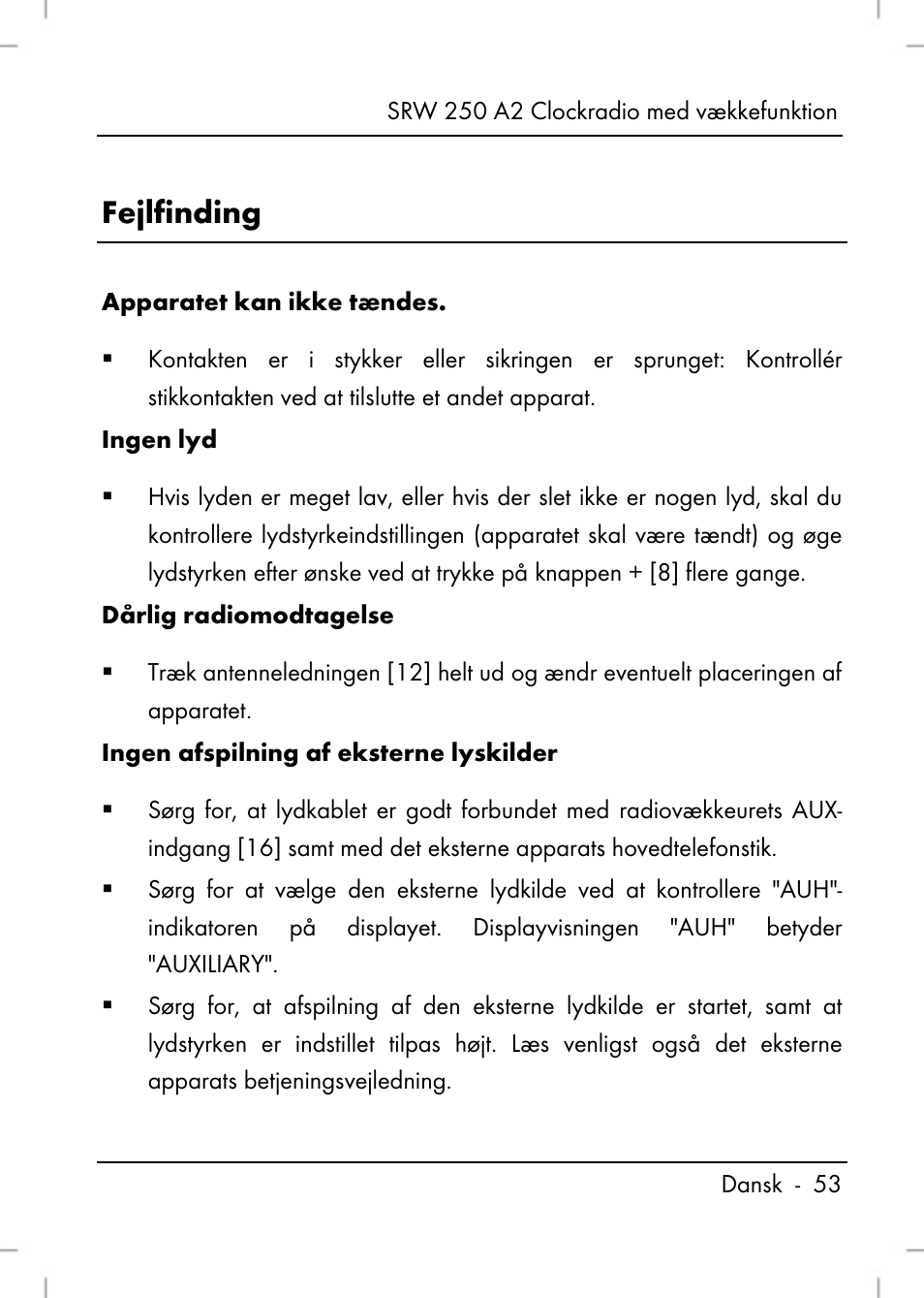 Fejlfinding | Silvercrest SRW 250 A2 User Manual | Page 55 / 144