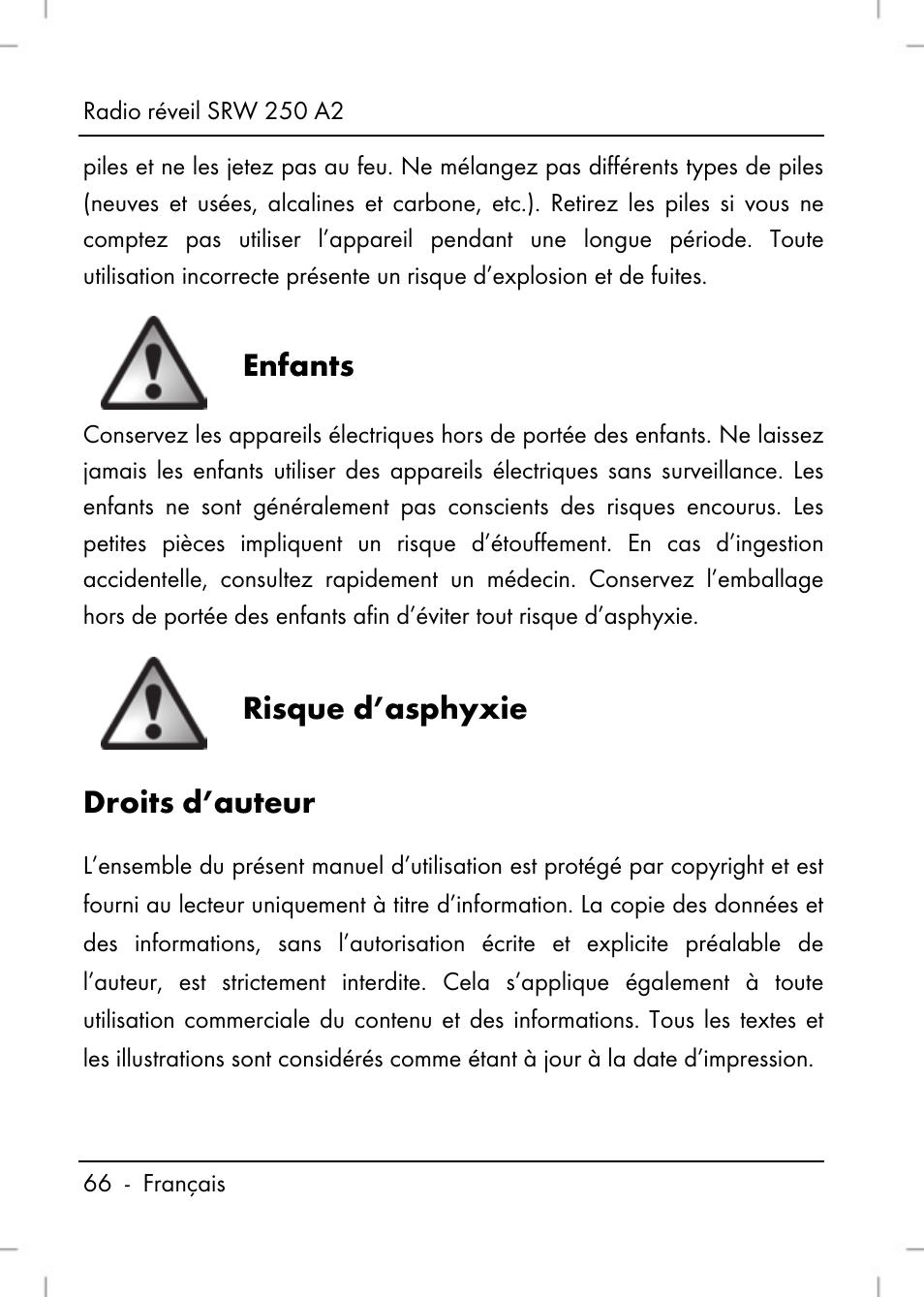 Enfants, Risque d’asphyxie droits d’auteur | Silvercrest SRW 250 A2 User Manual | Page 68 / 144